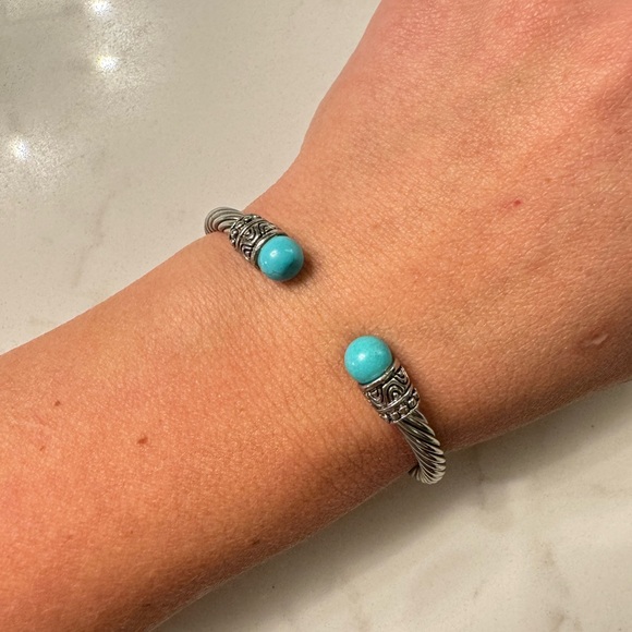 Silver Cable Bracelet with Faux Turquoise - Adjustable Silver Tone Cable Cuff - Picture 13 of 13